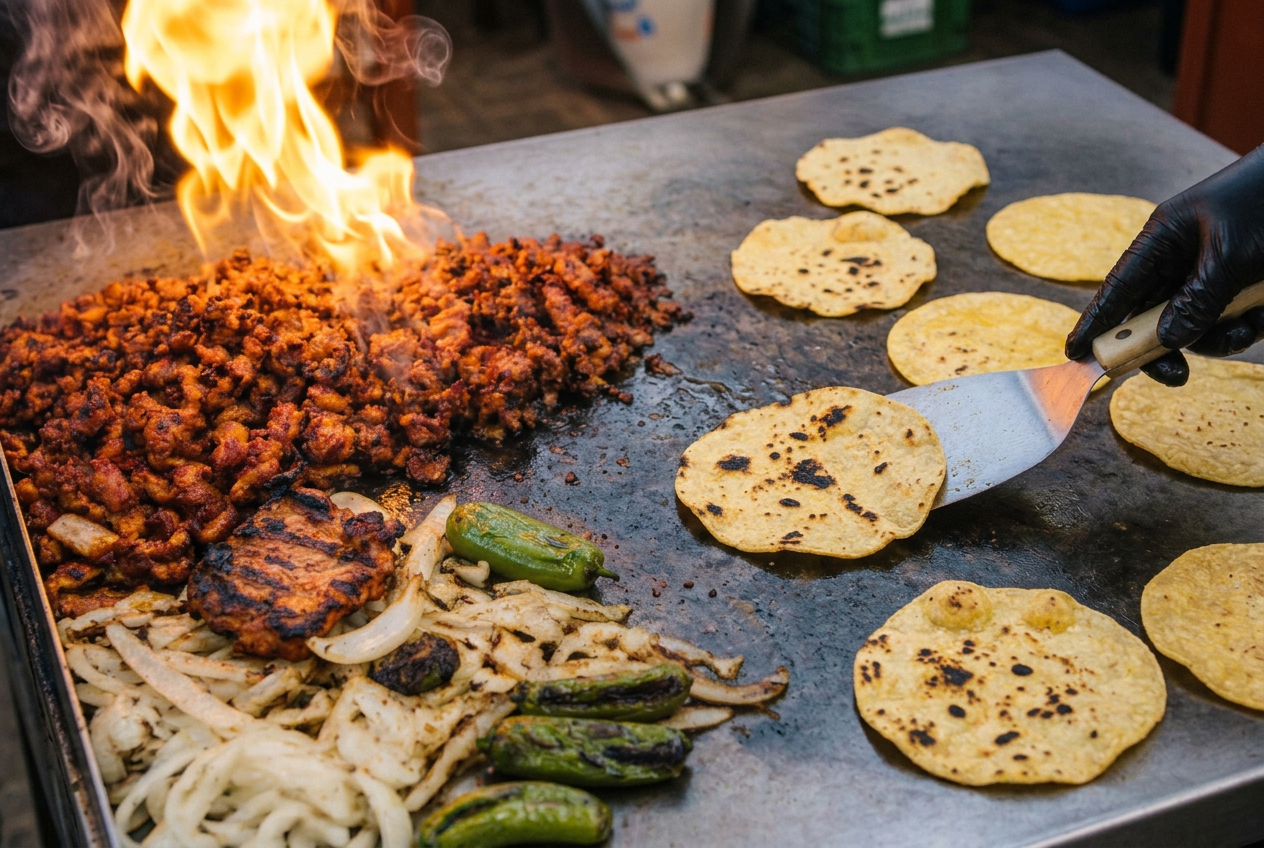 Street tacos with smoked al pastor and fresh salsas, editorial food photography